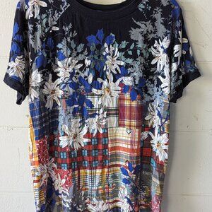 Johnny Was Shirt Plaid Navy Blue Ona Raglan Floral Tee Top Bamboo Red